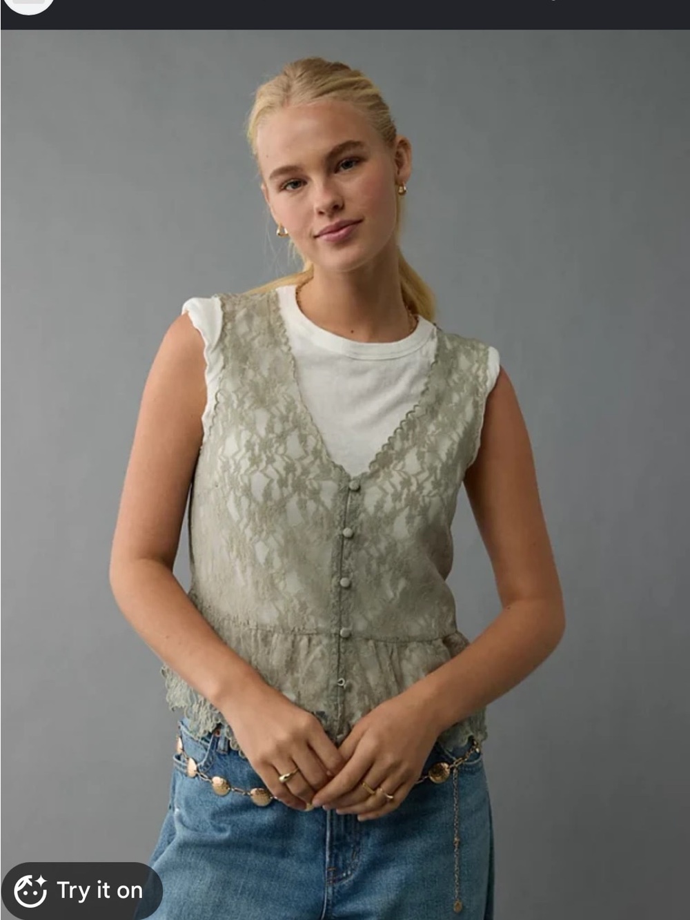 American Eagle Outfitters Lace Button-Front Vest in Sage Green